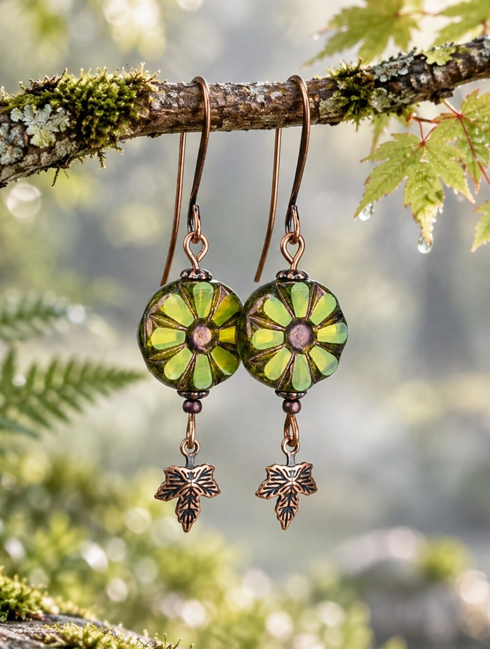 Lime Green Czech Glass Flower Earrings Copper Maple Leaf Hand Crafted